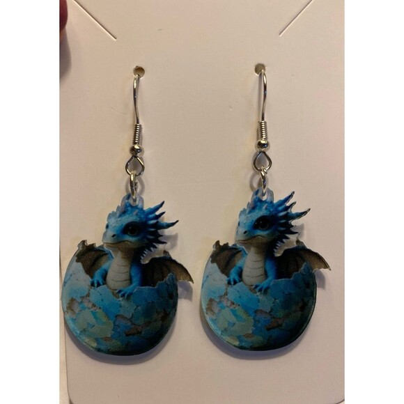 Blue Baby Dragon Hatching from Reptile Egg Earrings Dangle Quirky Whimsical - Picture 5 of 7